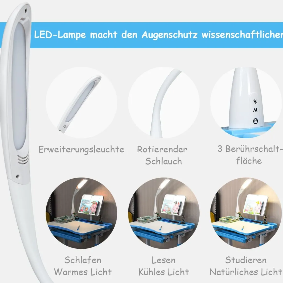 Kinderschreibtisch Neigungsverstellbar Schülerschreibtisch mit Lampe und Stuhl Farbewahl