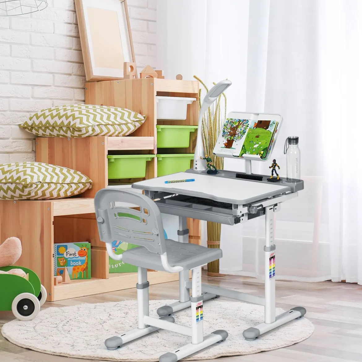 Kinderschreibtisch Neigungsverstellbar Schülerschreibtisch mit Lampe und Stuhl Farbewahl