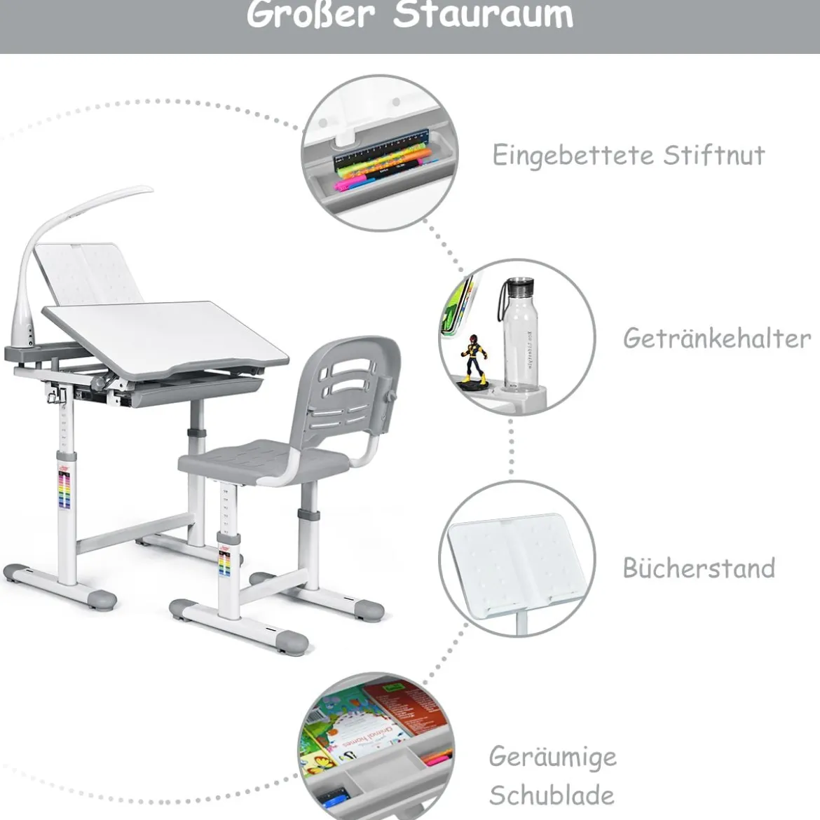Kinderschreibtisch Neigungsverstellbar Schülerschreibtisch mit Lampe und Stuhl Farbewahl