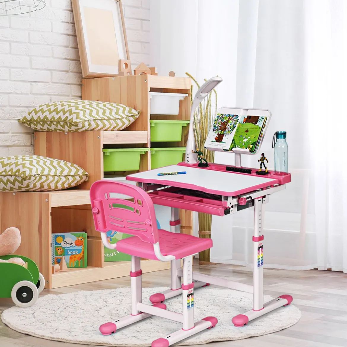 Kinderschreibtisch Neigungsverstellbar Schülerschreibtisch mit Lampe und Stuhl Farbewahl