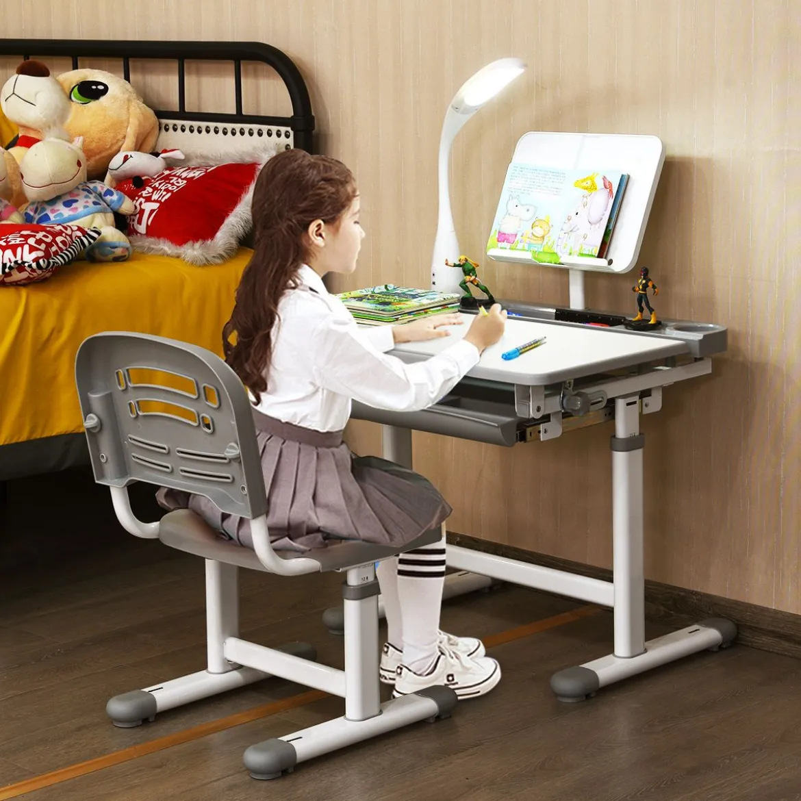 Kinderschreibtisch Neigungsverstellbar Schülerschreibtisch mit Lampe und Stuhl Farbewahl