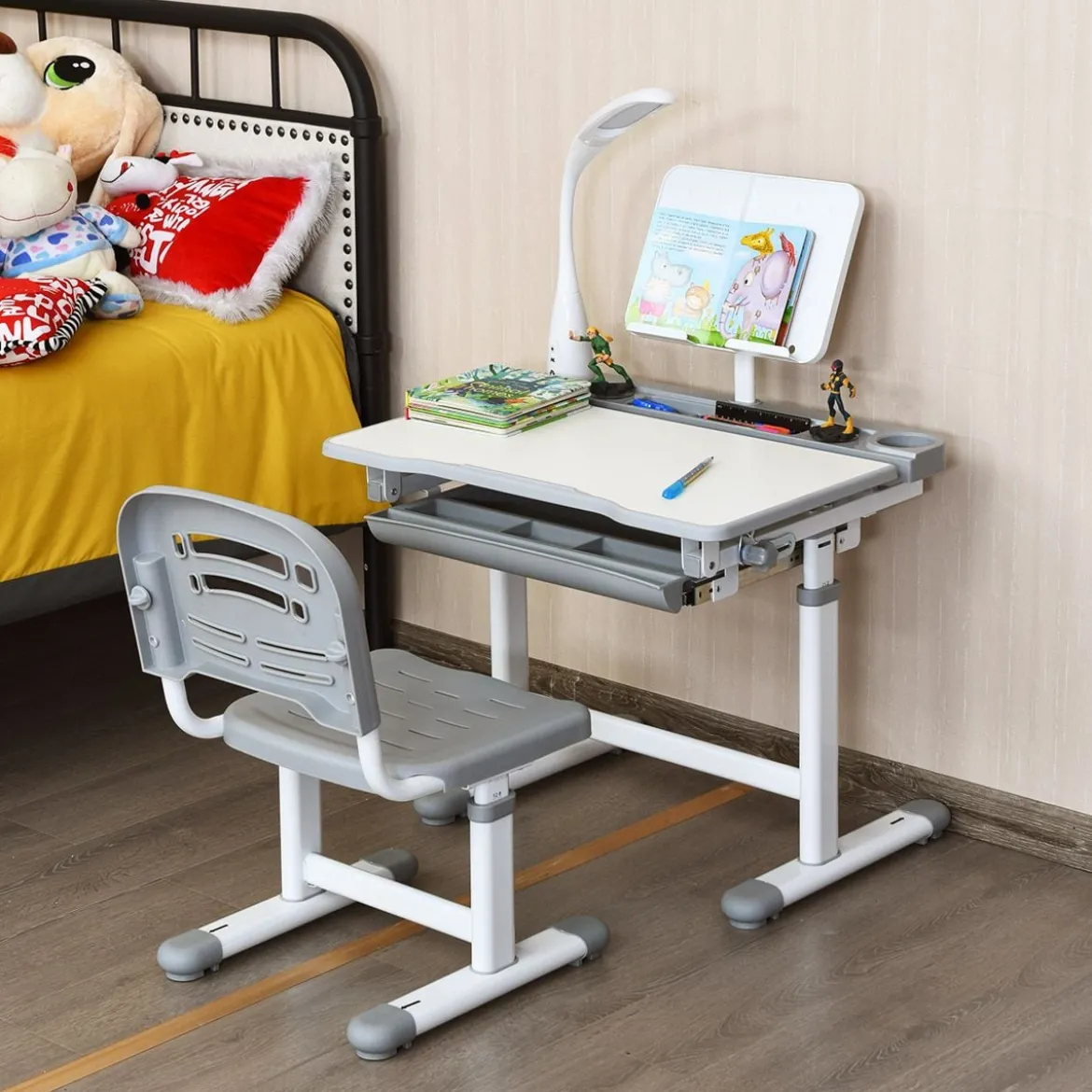 Kinderschreibtisch Neigungsverstellbar Schülerschreibtisch mit Lampe und Stuhl Farbewahl