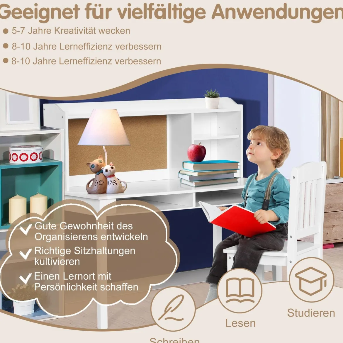 Kinderschreibtisch Set mit Pinnwand Schreibtisch Kinder mit Stuhl Jugendschreibtisch mit Aufsatz Schubladen & verstellbarem Regal Weiß