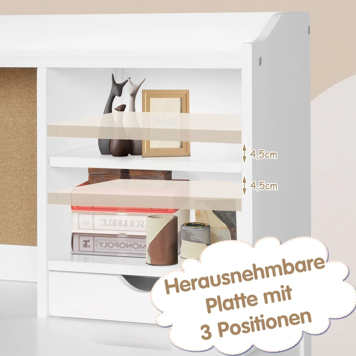 Kinderschreibtisch Set mit Pinnwand Schreibtisch Kinder mit Stuhl Jugendschreibtisch mit Aufsatz Schubladen & verstellbarem Regal Weiß