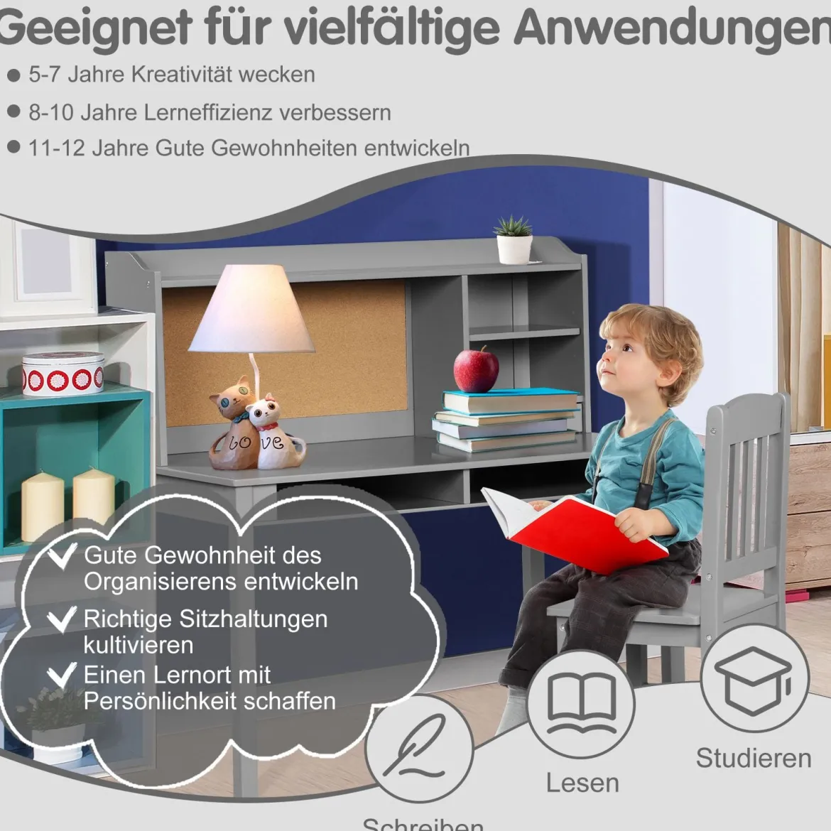 Kinderschreibtisch Set mit Pinnwand Kinder Schreibtisch mit Stuhl Schülerschreibtisch Grau