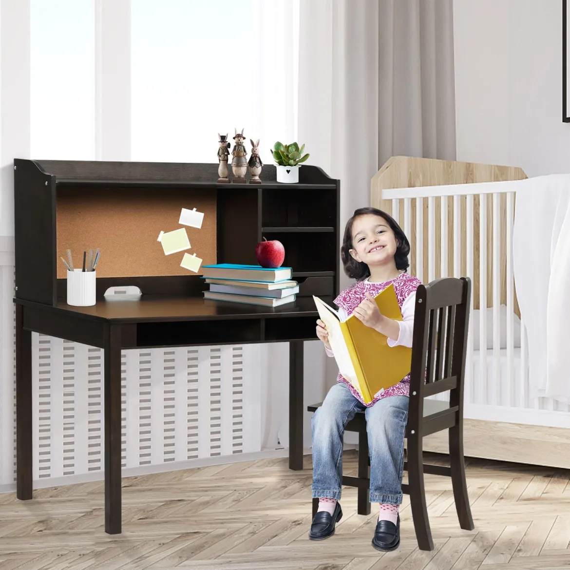 Kinderschreibtisch Set mit Pinnwand Schreibtisch Kinder mit Stuhl Jugendschreibtisch mit Aufsatz Braun