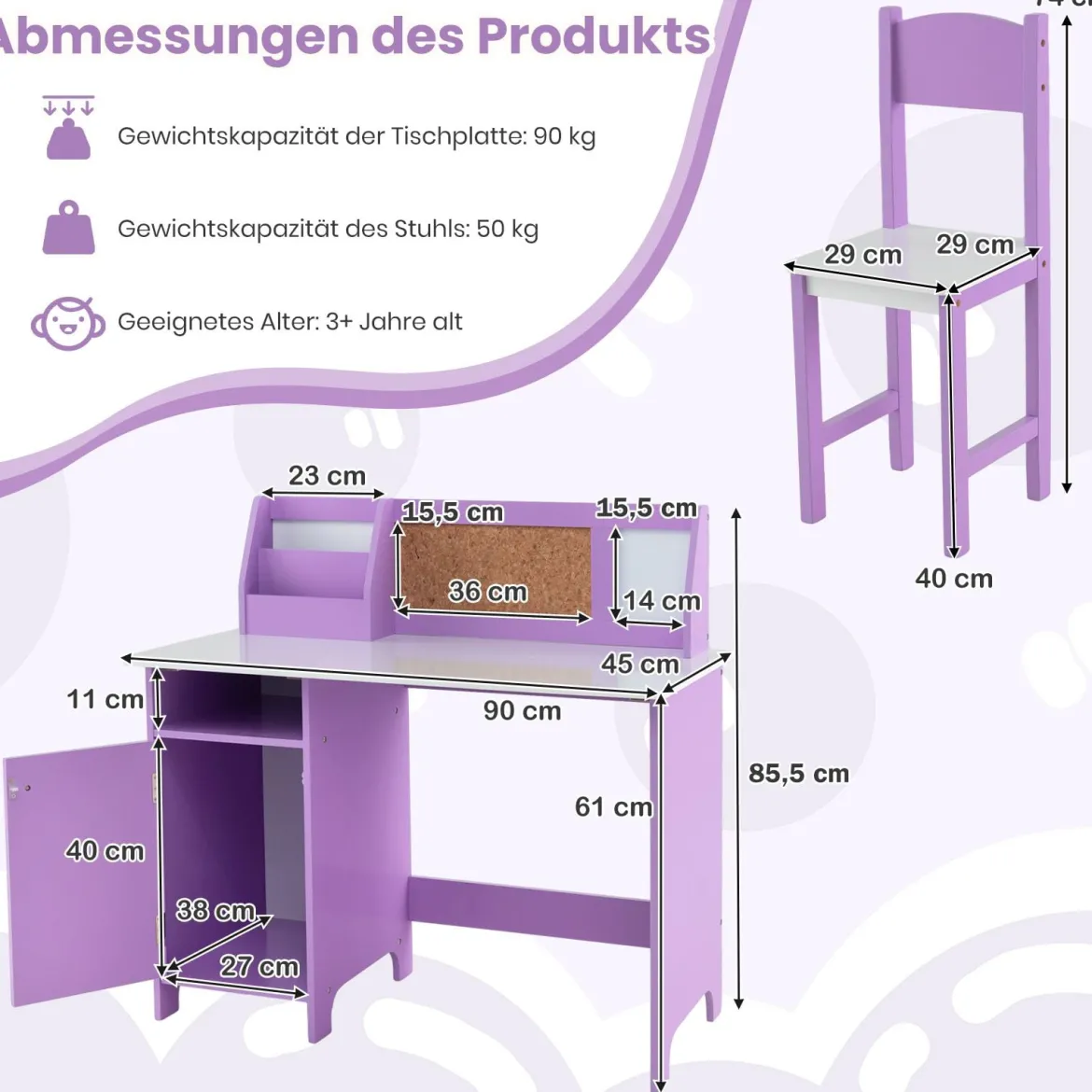 Kinderschreibtisch Set Schreibtisch Kinder mit Stuhl aus Holz Schülerschreibtisch mit Bücherregal Lila