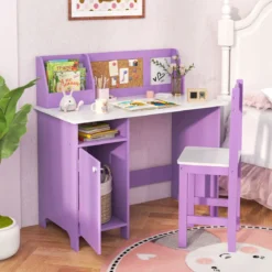 Kinderschreibtisch Set Schreibtisch Kinder mit Stuhl aus Holz Schülerschreibtisch mit Bücherregal Lila