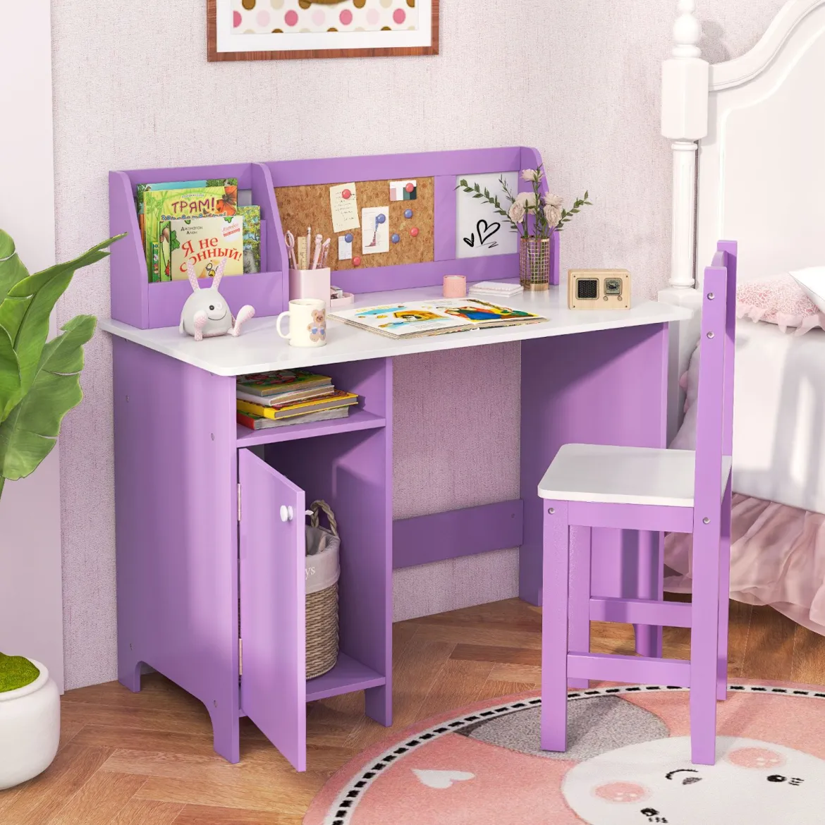 Kinderschreibtisch Set Schreibtisch Kinder mit Stuhl aus Holz Schülerschreibtisch mit Bücherregal Lila