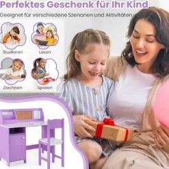 Kinderschreibtisch Set Schreibtisch Kinder mit Stuhl aus Holz Schülerschreibtisch mit Bücherregal Lila
