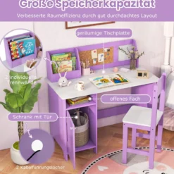 Kinderschreibtisch Set Schreibtisch Kinder mit Stuhl aus Holz Schülerschreibtisch mit Bücherregal Lila