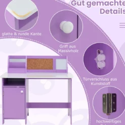 Kinderschreibtisch Set Schreibtisch Kinder mit Stuhl aus Holz Schülerschreibtisch mit Bücherregal Lila