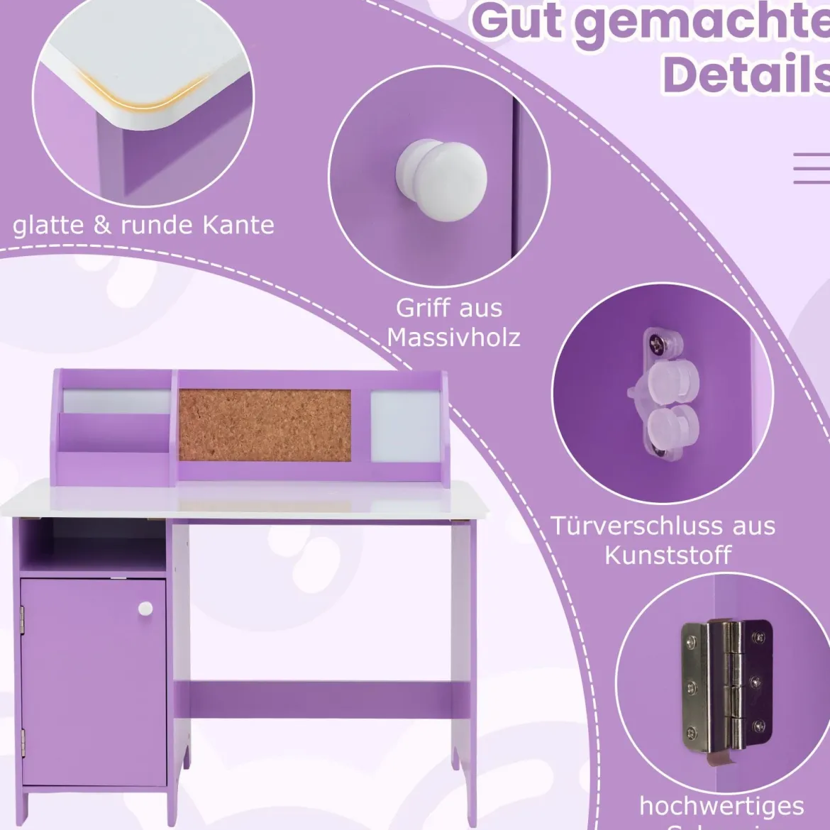 Kinderschreibtisch Set Schreibtisch Kinder mit Stuhl aus Holz Schülerschreibtisch mit Bücherregal Lila