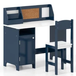 Kinderschreibtisch Set Schreibtisch Kinder mit Stuhl aus Holz Schülerschreibtisch mit Bücherregal Blau