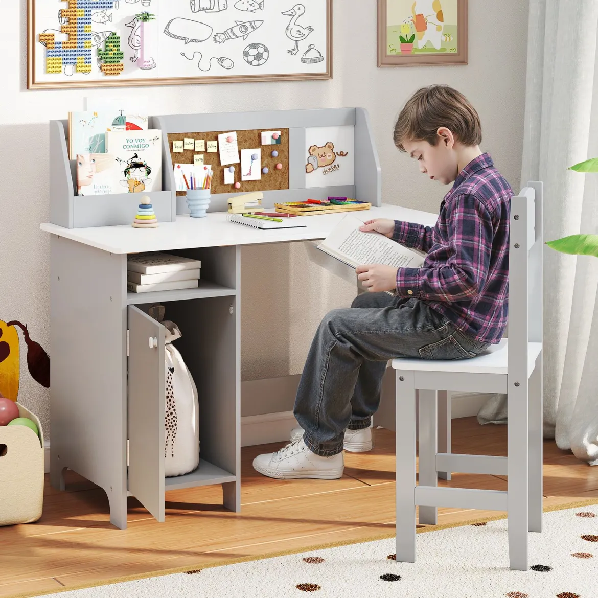 Kinderschreibtisch Set Schreibtisch Kinder mit Stuhl aus Holz Schülerschreibtisch mit Bücherregal Grau