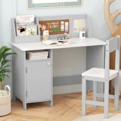 Kinderschreibtisch Set Schreibtisch Kinder mit Stuhl aus Holz Schülerschreibtisch mit Bücherregal Grau