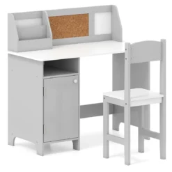 Kinderschreibtisch Set Schreibtisch Kinder mit Stuhl aus Holz Schülerschreibtisch mit Bücherregal Grau