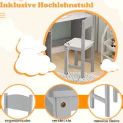 Kinderschreibtisch Set Schreibtisch Kinder mit Stuhl aus Holz Schülerschreibtisch mit Bücherregal Grau