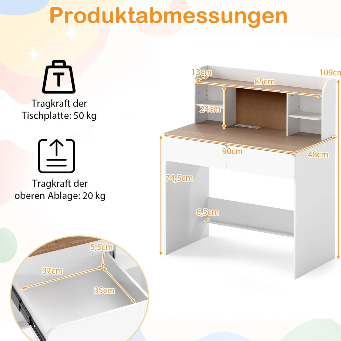 Kinderschreibtisch stabiler Holzschreibtisch mit Kork-Pinnwand Ladestation geräumigem Schreibtisch Weiß