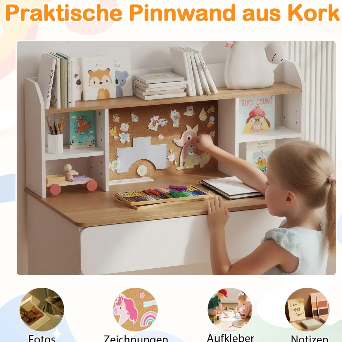 Kinderschreibtisch stabiler Holzschreibtisch mit Kork-Pinnwand Ladestation geräumigem Schreibtisch Weiß