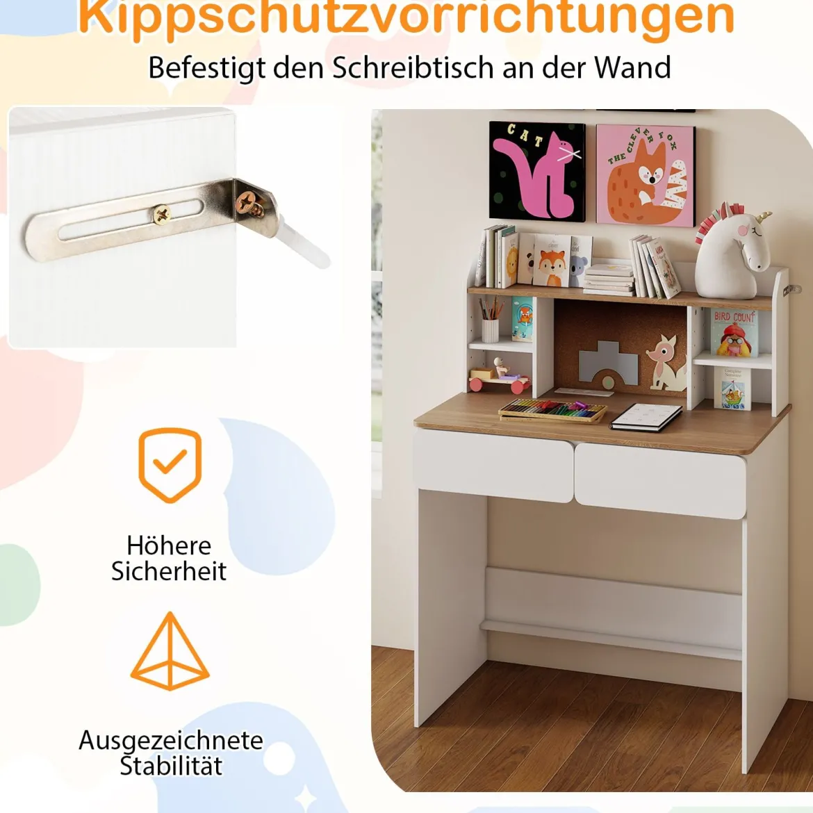 Kinderschreibtisch stabiler Holzschreibtisch mit Kork-Pinnwand Ladestation geräumigem Schreibtisch Weiß