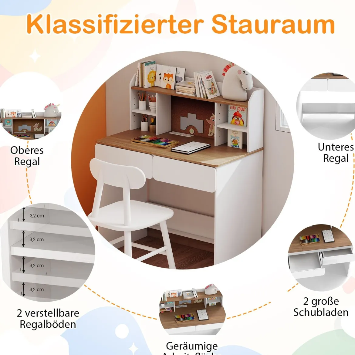 Kinderschreibtisch stabiler Holzschreibtisch mit Kork-Pinnwand Ladestation geräumigem Schreibtisch Weiß