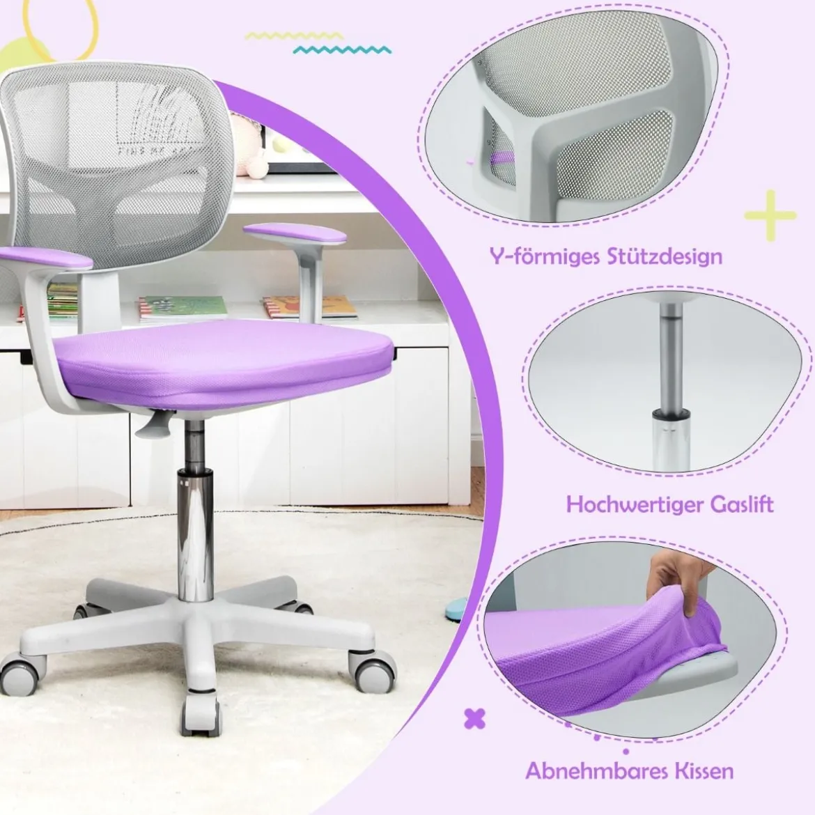 Kinder-Schreibtischstuhl Kinder-Computerstuhl mit Einstellbarer Höhe Blau/Violett/Türkis/Rosa/Lila/Grün