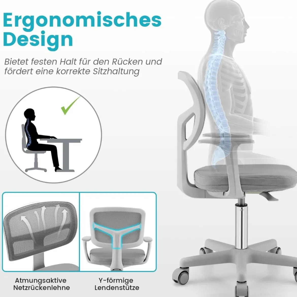 Kinder-Schreibtischstuhl Kinder-Computerstuhl mit Einstellbarer Höhe Blau/Violett/Türkis/Rosa/Lila/Grün