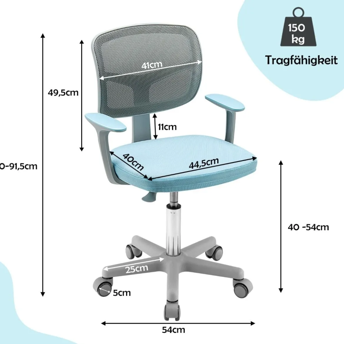 Kinder-Schreibtischstuhl Kinder-Computerstuhl mit Einstellbarer Höhe Blau/Violett/Türkis/Rosa/Lila/Grün
