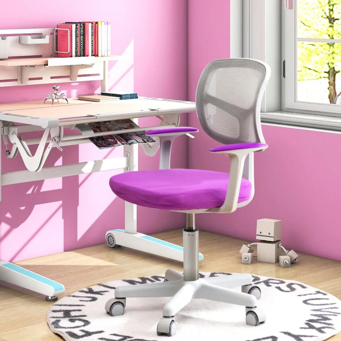 Kinder-Schreibtischstuhl Kinder-Computerstuhl mit Einstellbarer Höhe Blau/Violett/Türkis/Rosa/Lila/Grün