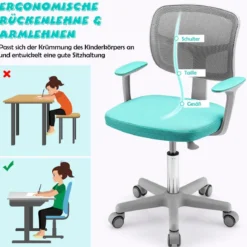 Kinder-Schreibtischstuhl Kinder-Computerstuhl mit Einstellbarer Höhe Blau/Violett/Türkis/Rosa/Lila/Grün