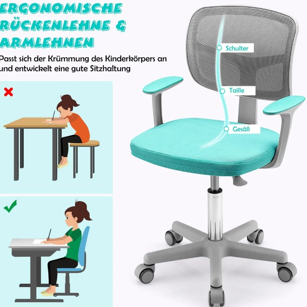 Kinder-Schreibtischstuhl Kinder-Computerstuhl mit Einstellbarer Höhe Blau/Violett/Türkis/Rosa/Lila/Grün