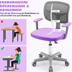 Kinder-Schreibtischstuhl Kinder-Computerstuhl mit Einstellbarer Höhe Blau/Violett/Türkis/Rosa/Lila/Grün