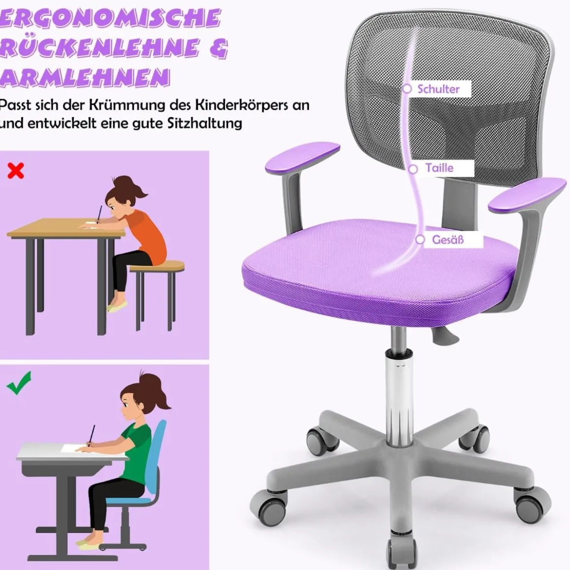 Kinder-Schreibtischstuhl Kinder-Computerstuhl mit Einstellbarer Höhe Blau/Violett/Türkis/Rosa/Lila/Grün