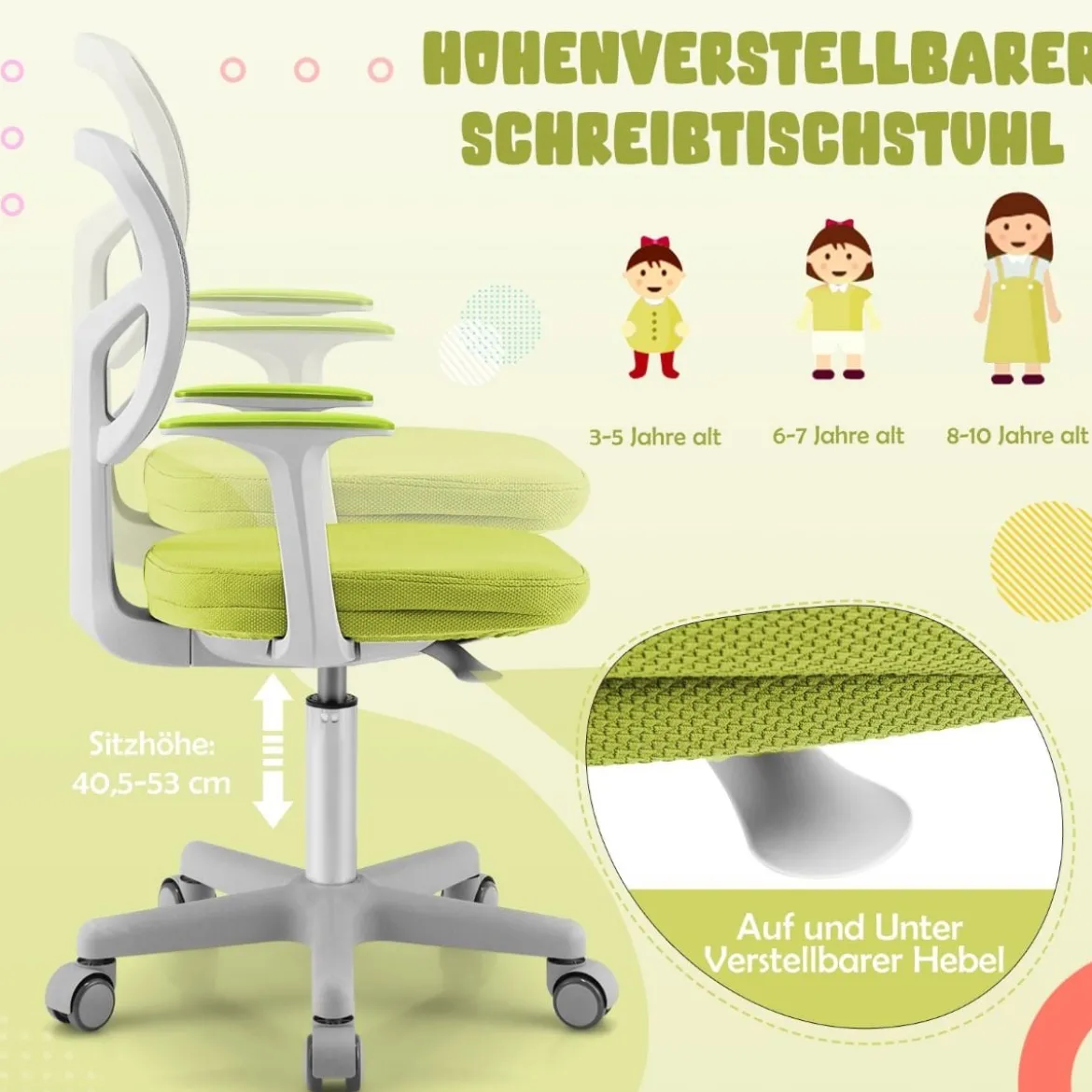 Kinder-Schreibtischstuhl Kinder-Computerstuhl mit Einstellbarer Höhe Blau/Violett/Türkis/Rosa/Lila/Grün