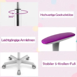 Kinder-Schreibtischstuhl Kinder-Computerstuhl mit Einstellbarer Höhe Blau/Violett/Türkis/Rosa/Lila/Grün