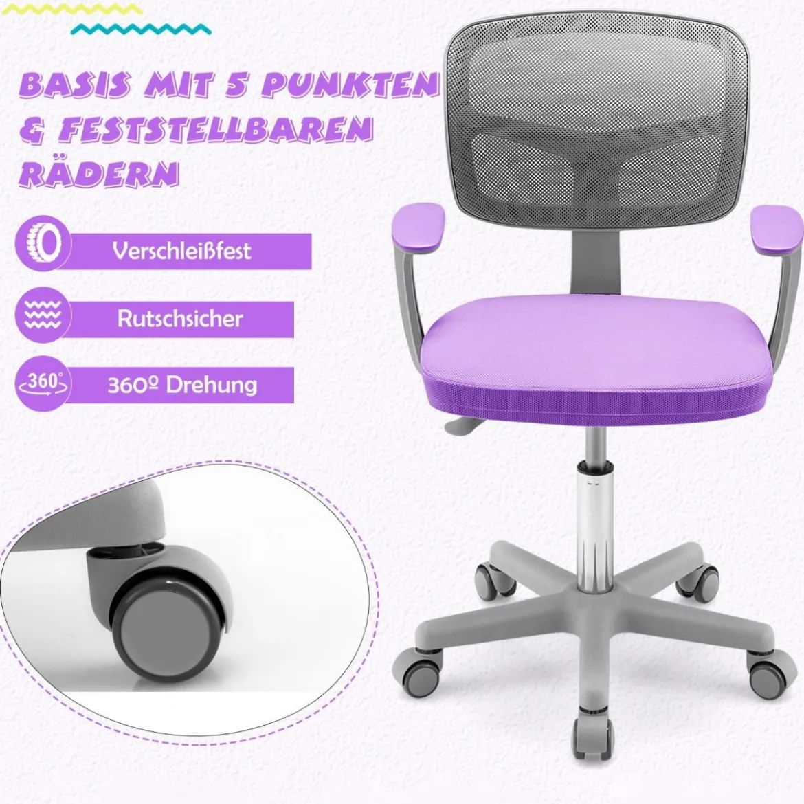 Kinder-Schreibtischstuhl Kinder-Computerstuhl mit Einstellbarer Höhe Blau/Violett/Türkis/Rosa/Lila/Grün
