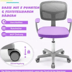Kinder-Schreibtischstuhl Kinder-Computerstuhl mit Einstellbarer Höhe Blau/Violett/Türkis/Rosa/Lila/Grün
