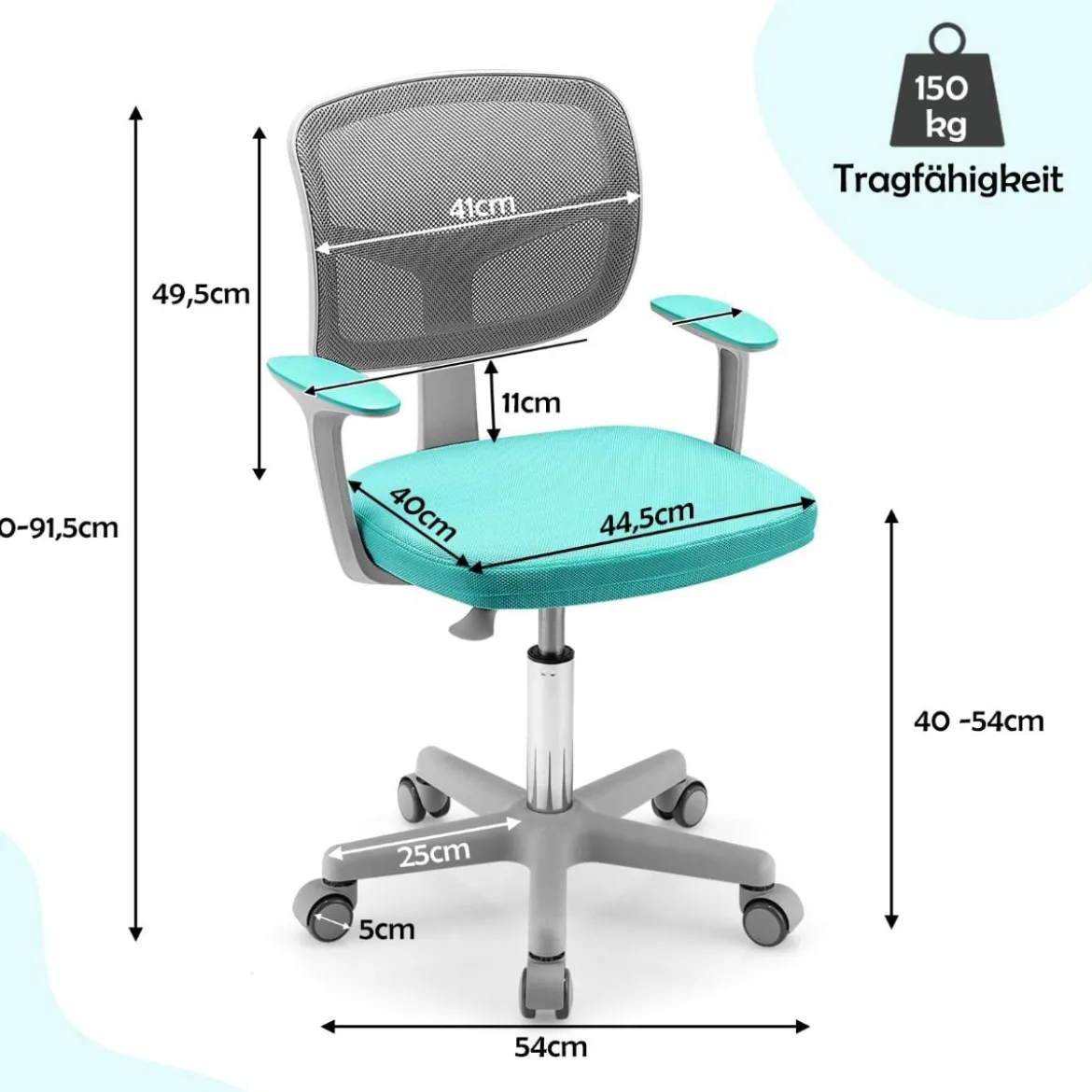 Kinder-Schreibtischstuhl Kinder-Computerstuhl mit Einstellbarer Höhe Blau/Violett/Türkis/Rosa/Lila/Grün