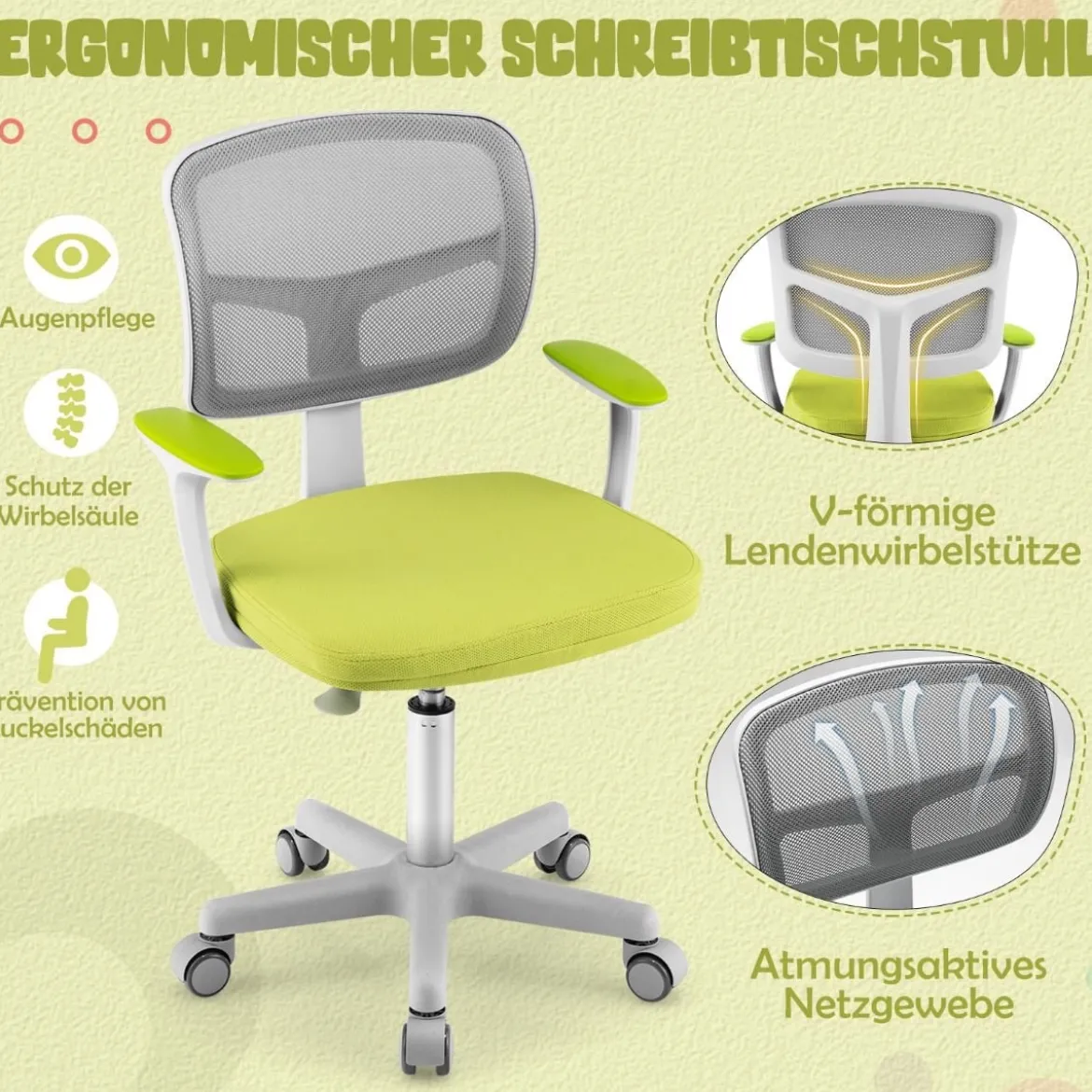 Kinder-Schreibtischstuhl Kinder-Computerstuhl mit Einstellbarer Höhe Blau/Violett/Türkis/Rosa/Lila/Grün