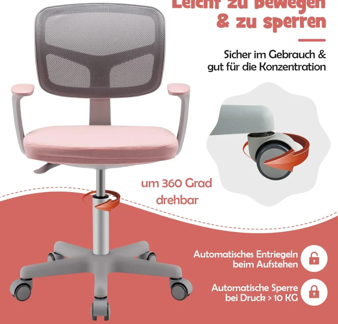Kinder-Schreibtischstuhl Kinder-Computerstuhl mit Einstellbarer Höhe Blau/Violett/Türkis/Rosa/Lila/Grün