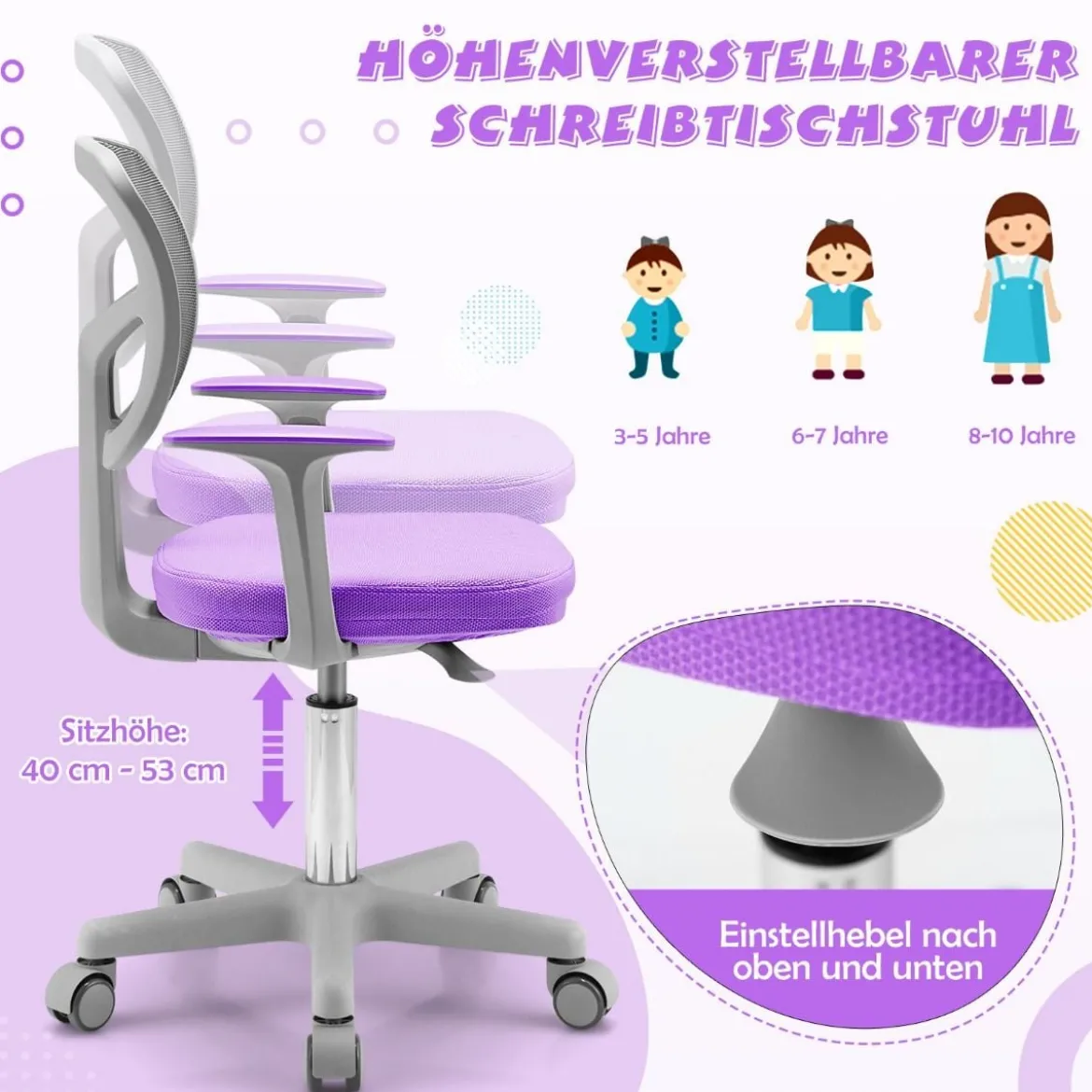 Kinder-Schreibtischstuhl Kinder-Computerstuhl mit Einstellbarer Höhe Blau/Violett/Türkis/Rosa/Lila/Grün
