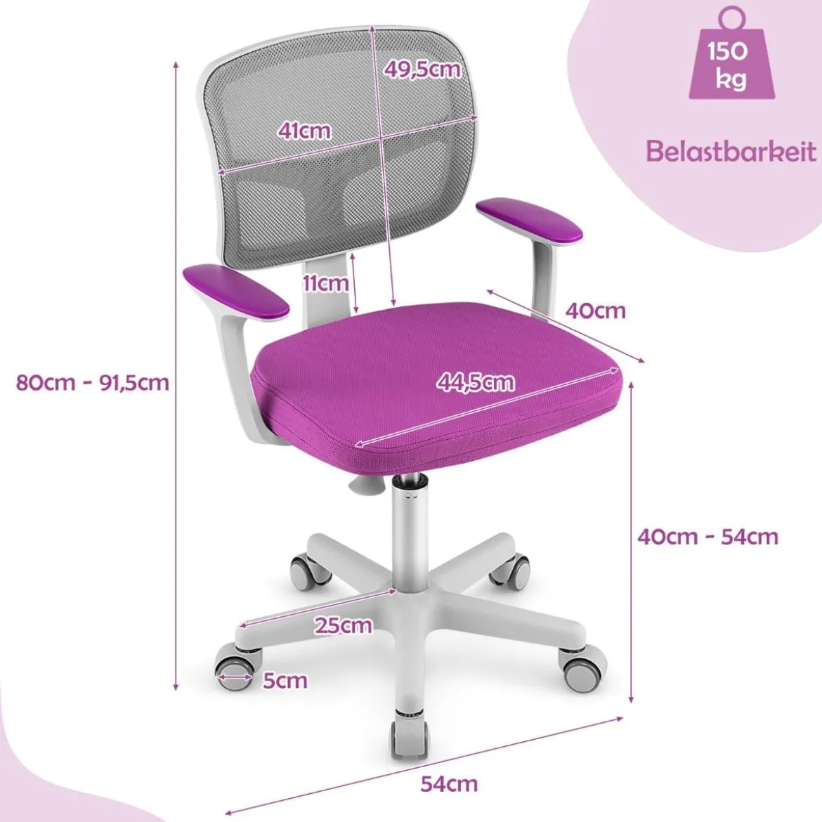 Kinder-Schreibtischstuhl Kinder-Computerstuhl mit Einstellbarer Höhe Blau/Violett/Türkis/Rosa/Lila/Grün
