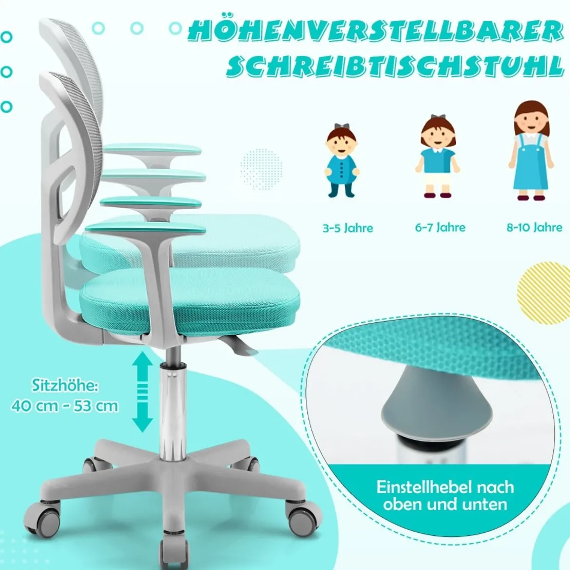Kinder-Schreibtischstuhl Kinder-Computerstuhl mit Einstellbarer Höhe Blau/Violett/Türkis/Rosa/Lila/Grün