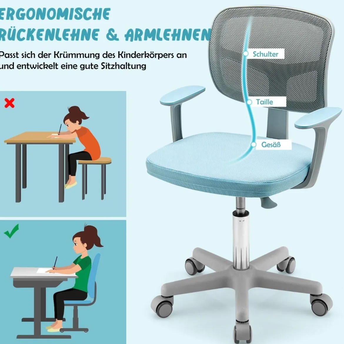 Kinder-Schreibtischstuhl Kinder-Computerstuhl mit Einstellbarer Höhe Blau/Violett/Türkis/Rosa/Lila/Grün