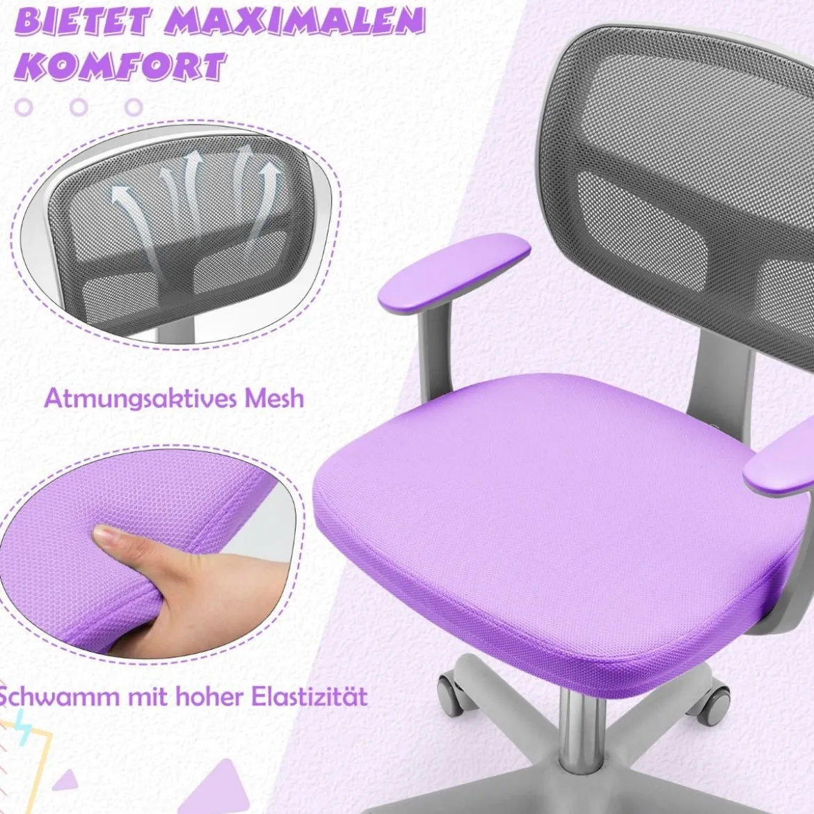 Kinder-Schreibtischstuhl Kinder-Computerstuhl mit Einstellbarer Höhe Blau/Violett/Türkis/Rosa/Lila/Grün