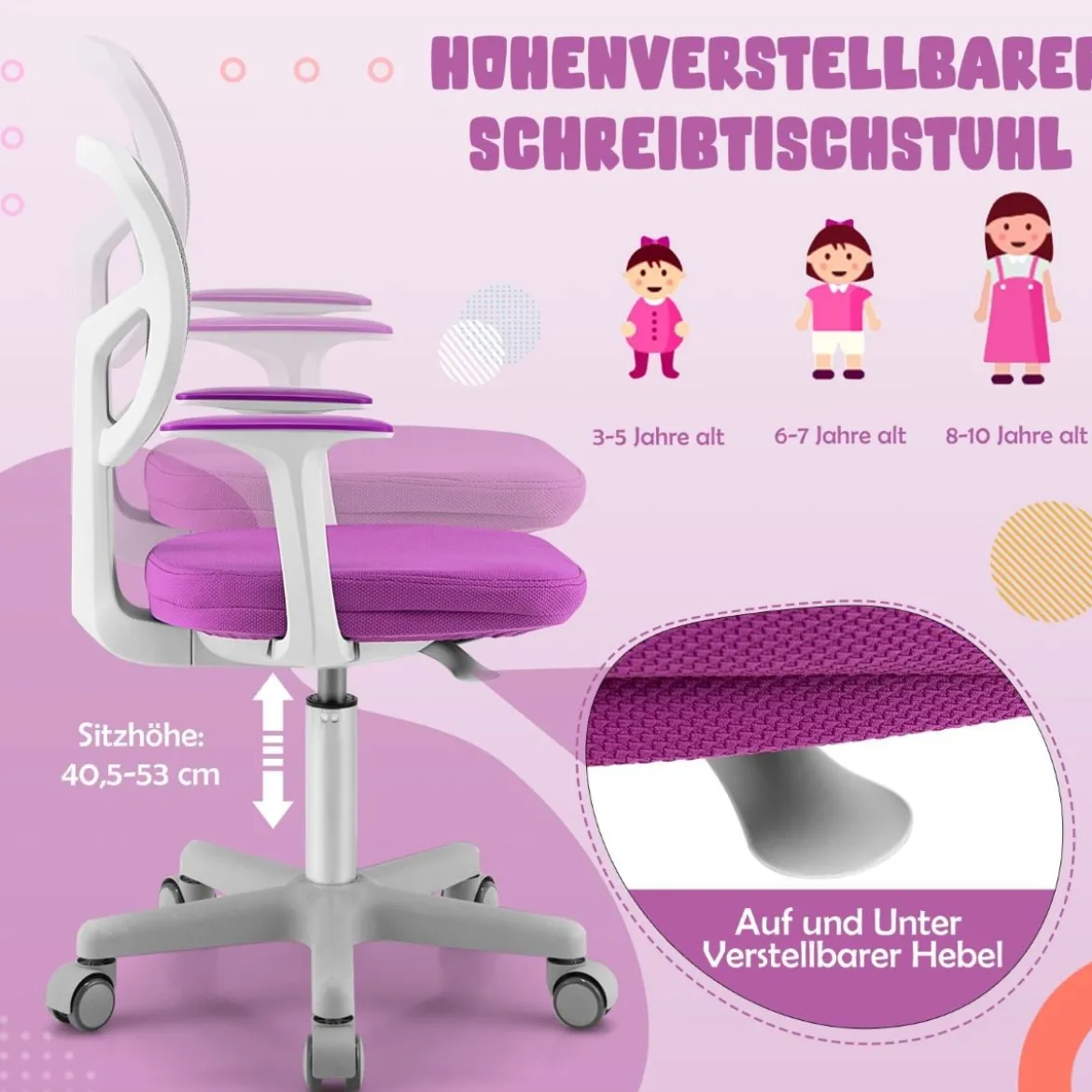Kinder-Schreibtischstuhl Kinder-Computerstuhl mit Einstellbarer Höhe Blau/Violett/Türkis/Rosa/Lila/Grün