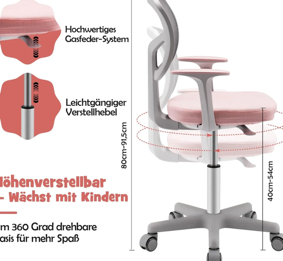 Kinder-Schreibtischstuhl Kinder-Computerstuhl mit Einstellbarer Höhe Blau/Violett/Türkis/Rosa/Lila/Grün