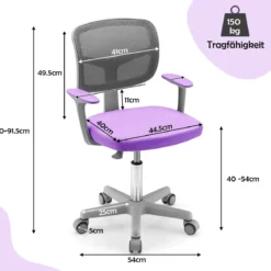 Kinder-Schreibtischstuhl Kinder-Computerstuhl mit Einstellbarer Höhe Blau/Violett/Türkis/Rosa/Lila/Grün