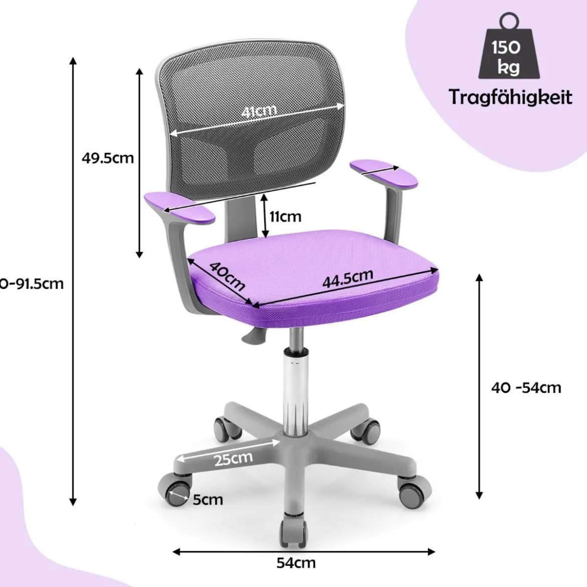 Kinder-Schreibtischstuhl Kinder-Computerstuhl mit Einstellbarer Höhe Blau/Violett/Türkis/Rosa/Lila/Grün